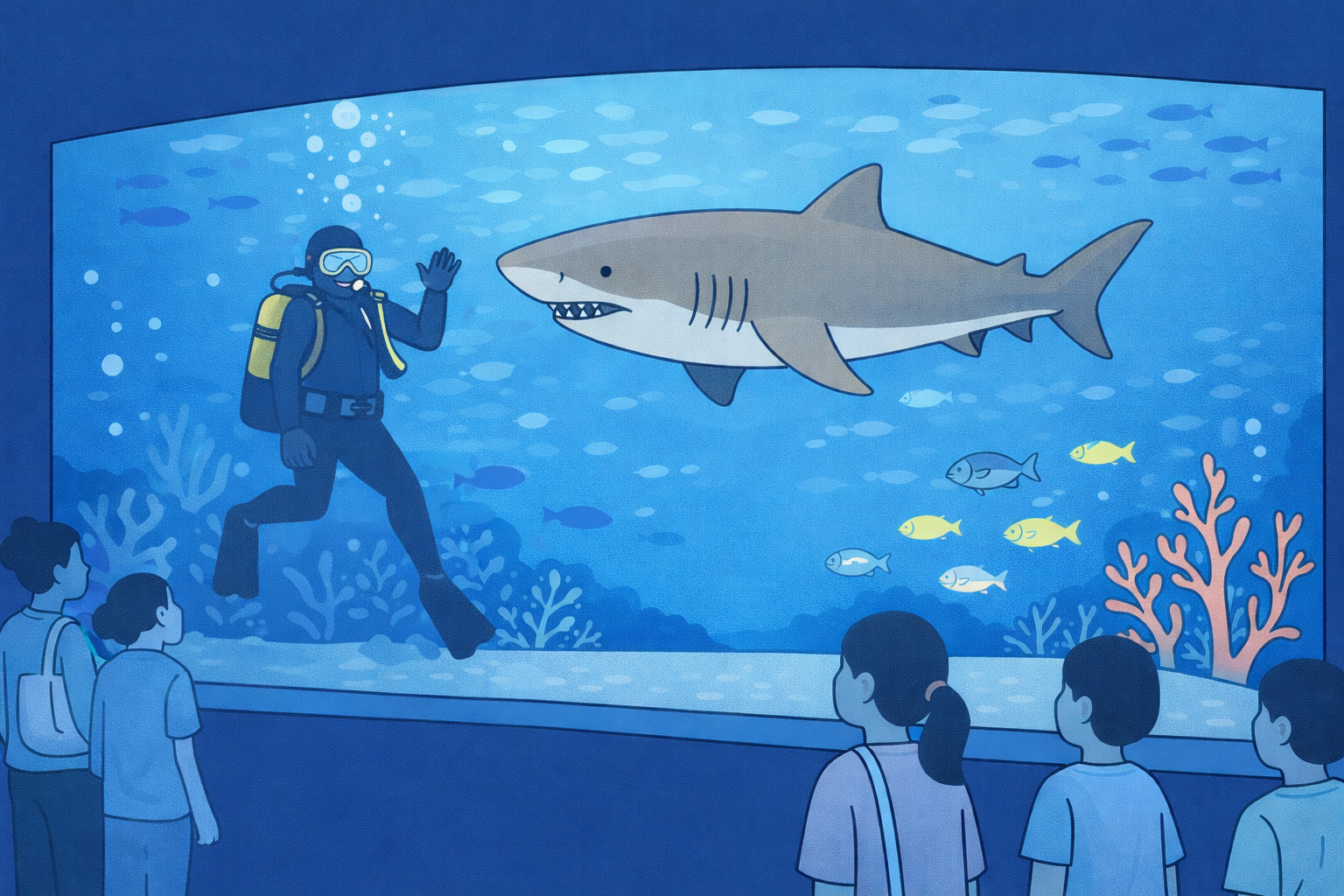 小笠原大水槽を泳ぐシロワニとダイバー