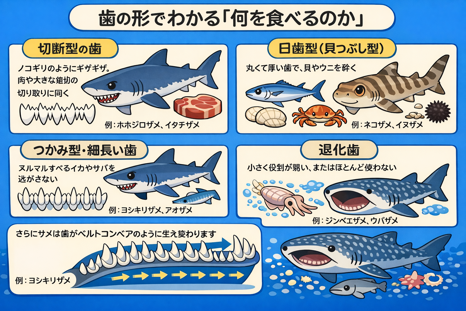 サメの歯の形でわかる食性の図解（切断型・臼歯型・つかみ型・退化歯）