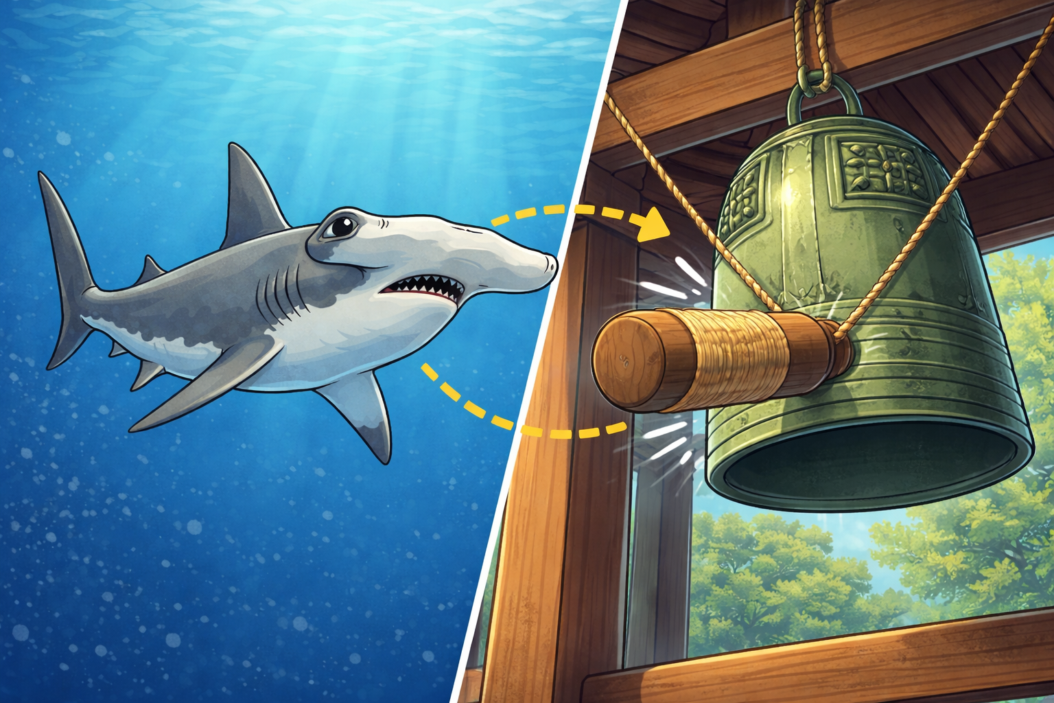 撞木（しゅもく）とシュモクザメの比較