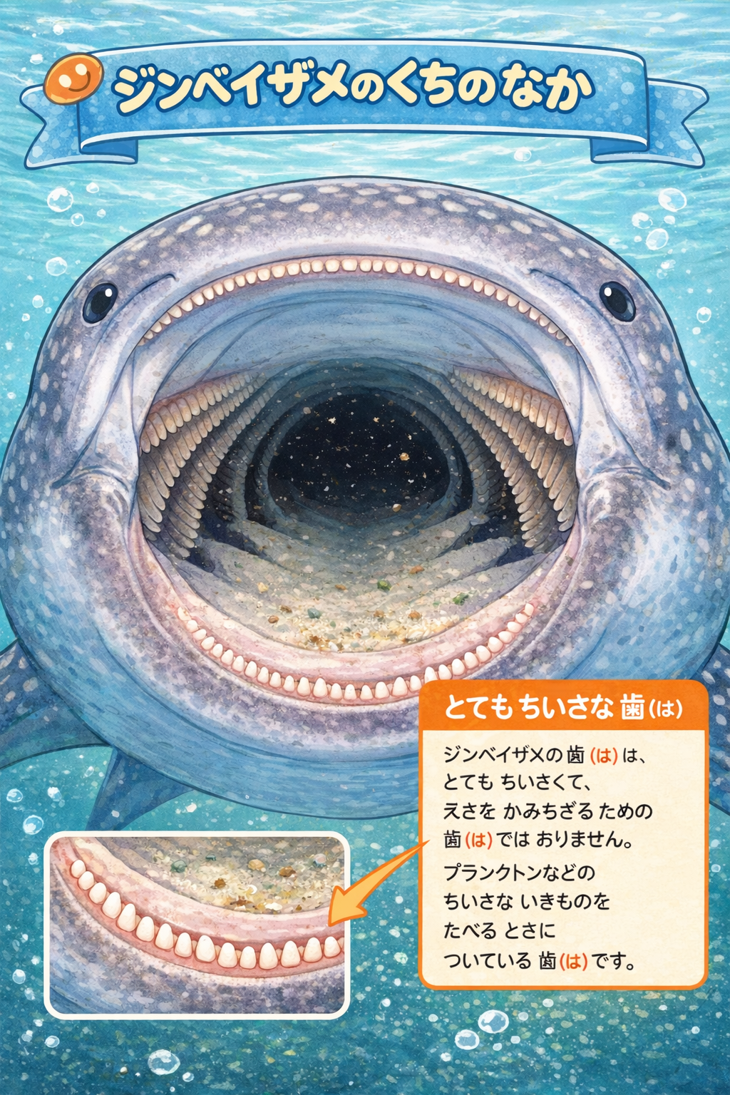 ジンベエザメの口の中。無数の小さな歯と鰓耙が見える
