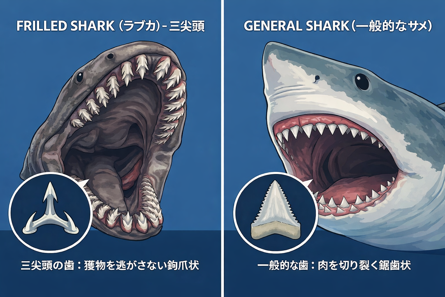ラブカと一般的なサメのはの比較