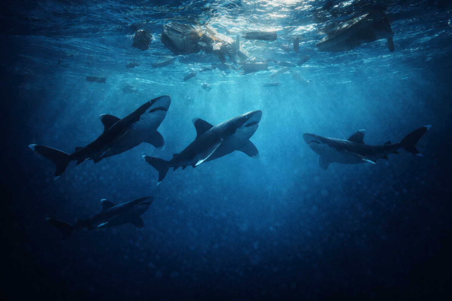 海難事故の現場などで見られる、海面直下を群れで回遊し獲物を探すヨゴレの様子